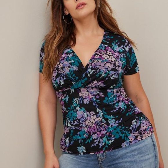 Stretch Mesh Surplice Neckline Shirred Top - Picture 1 of 5